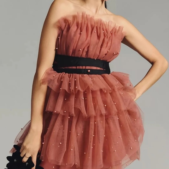 Anthropologie Dresses & Skirts - NWT Anthropologie Maeve Blush Pink Pearled Tiered Strapless Tulle Dress, Size 14